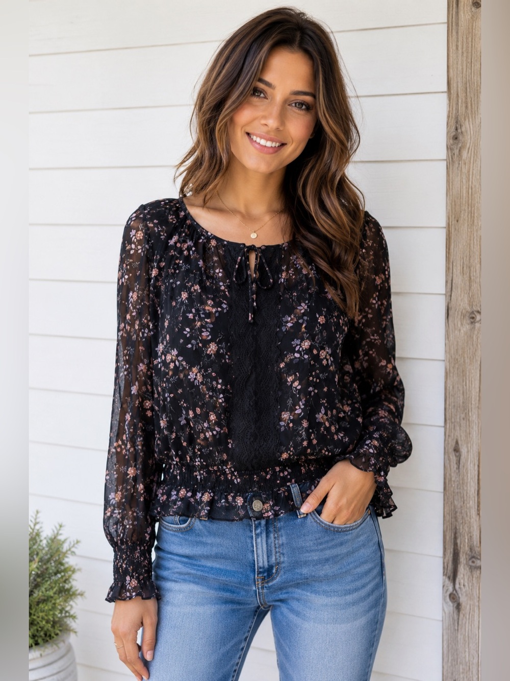 Joie Grazia Caviar Black Floral Lace Panel Smocked Blouse - Medium - Picture 1 of 6